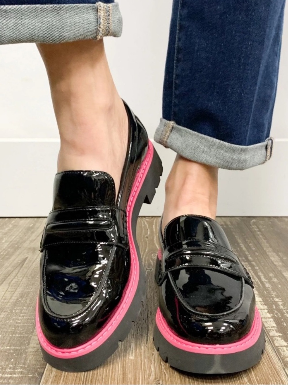 Sanctuary Penny Loafers Chunky Platform Lug Black pinkPatent Leather size 8.5